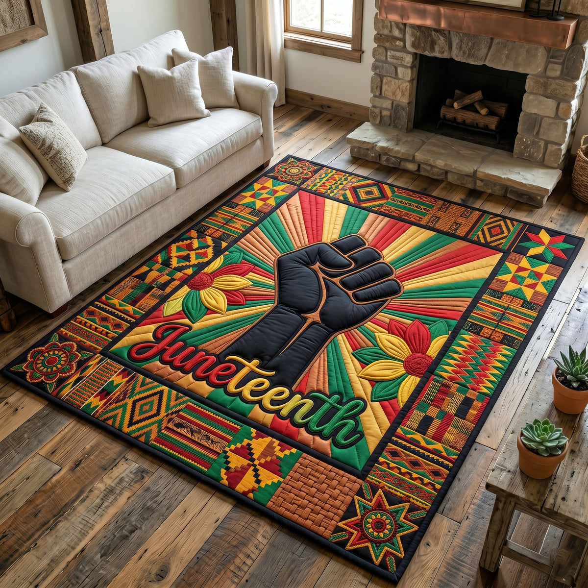 Juneteenth Legacy area rug in a living room