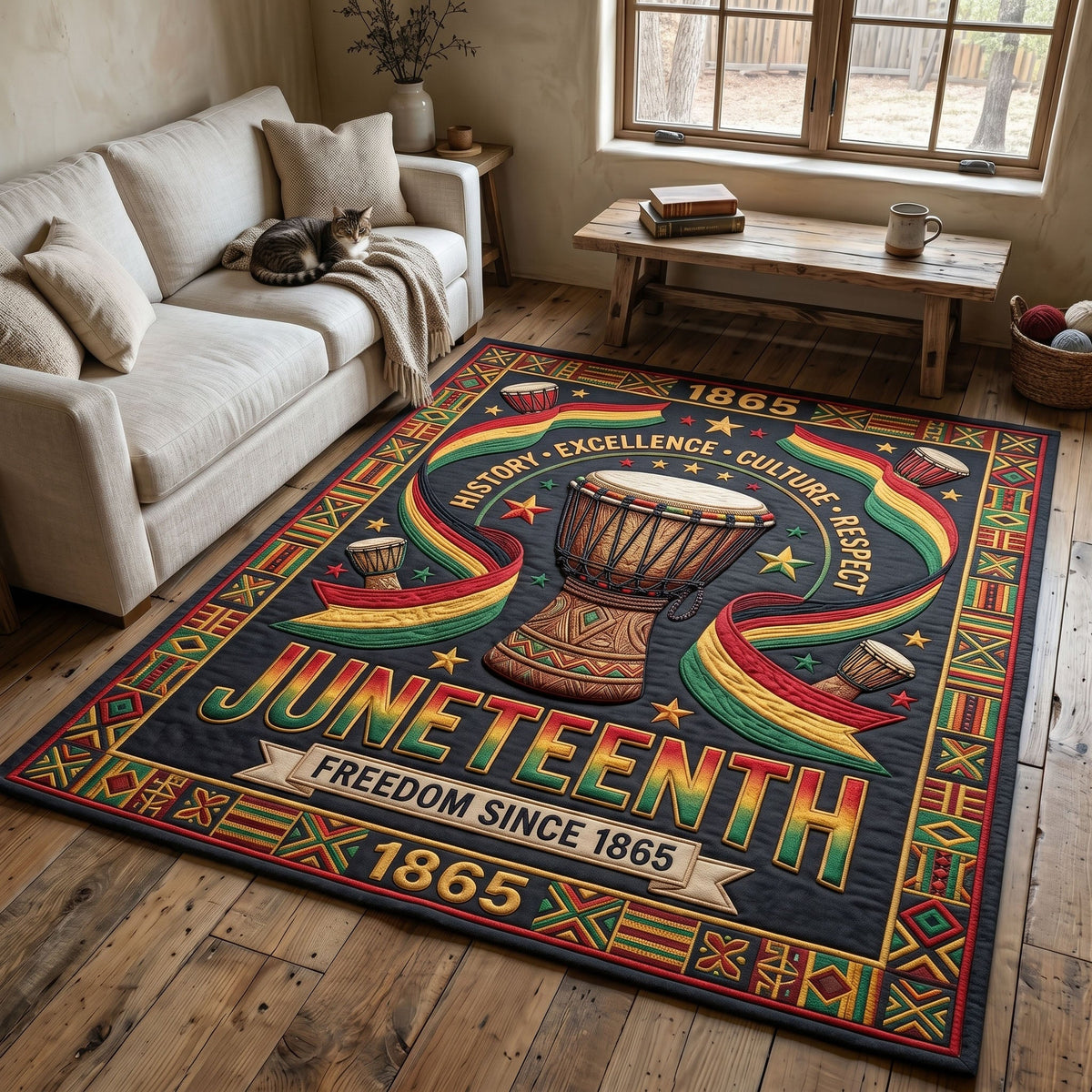 Juneteenth Legacy area rug in a living room
