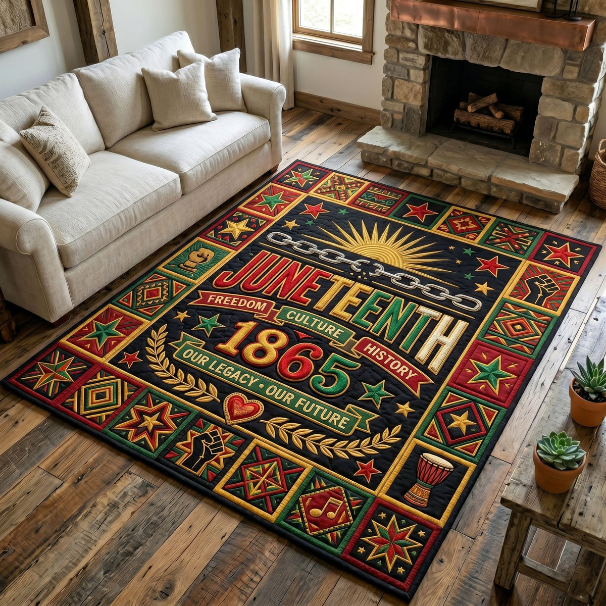 Juneteenth Legacy area rug in a living room