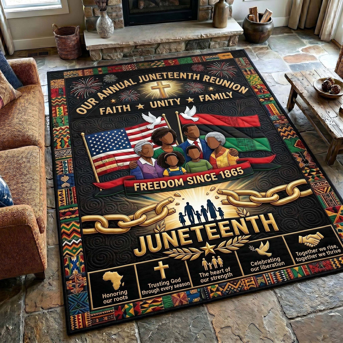 Juneteenth Legacy area rug in a living room