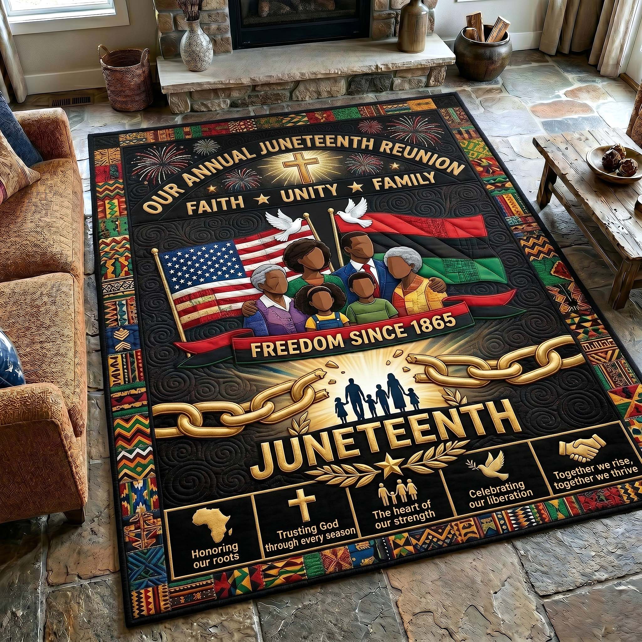 Juneteenth Legacy area rug in a living room