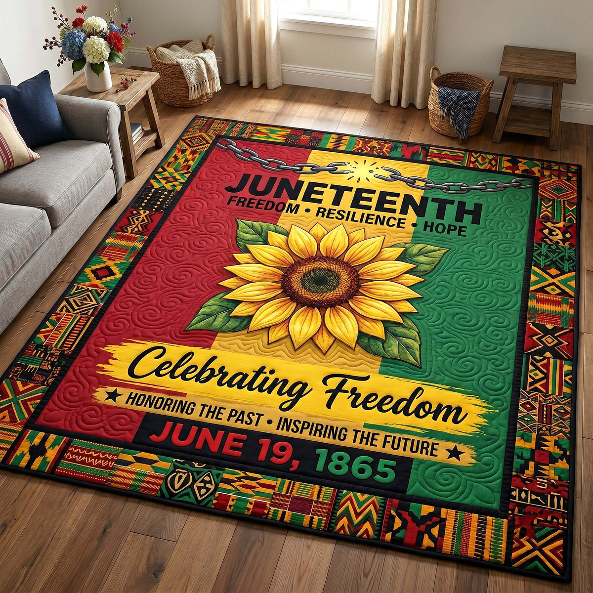 Juneteenth Legacy area rug in a living room
