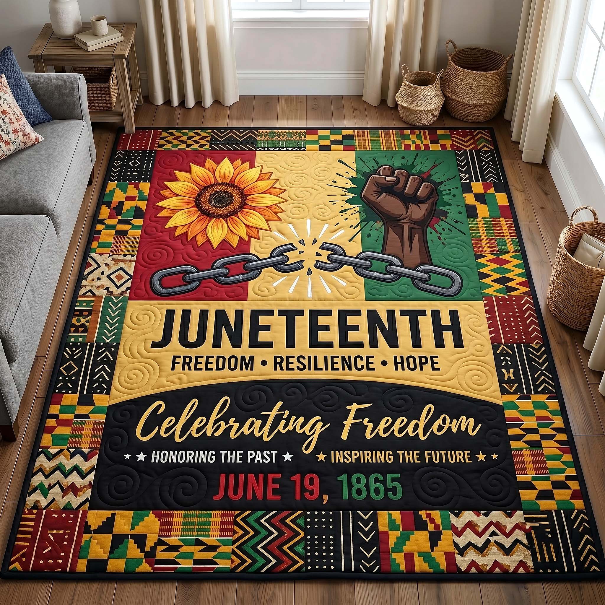 Juneteenth Legacy area rug in a living room