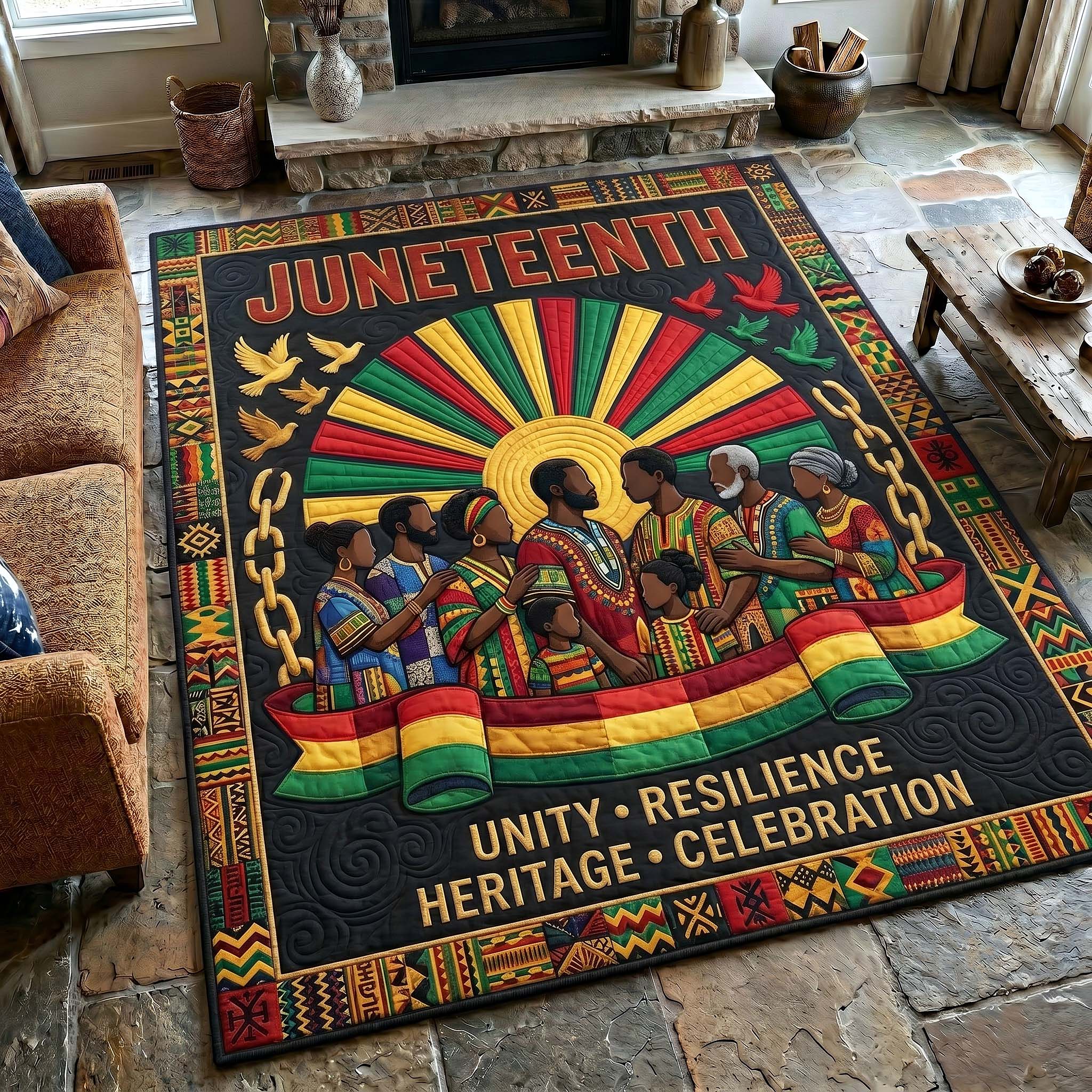 Juneteenth Legacy area rug in a living room