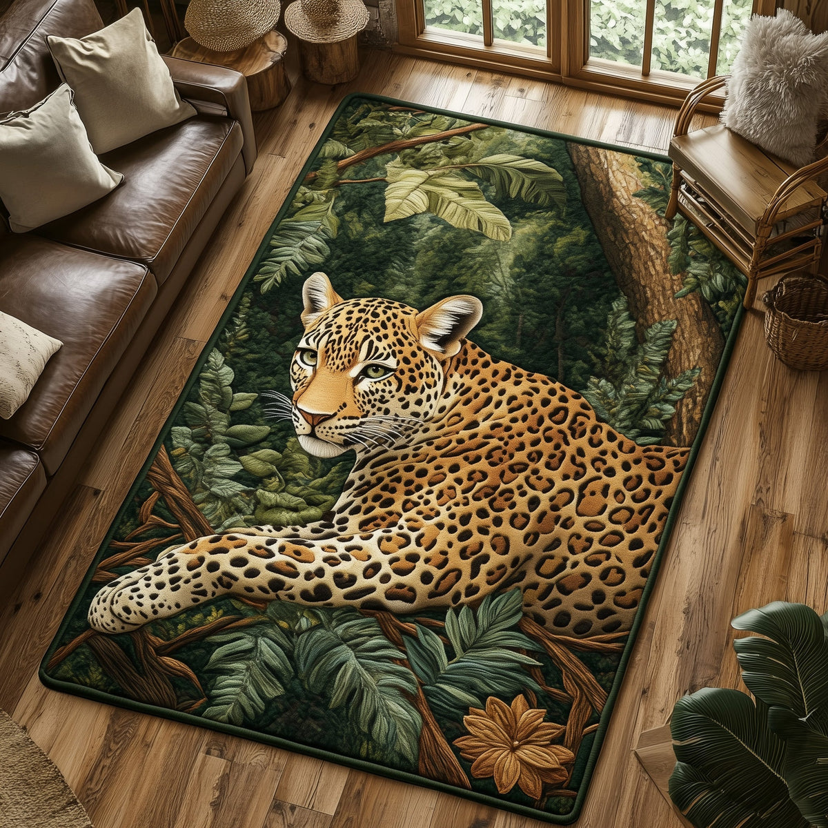 Jungle Hunter area rug in a living room