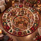 Kente Christmas Village Round Mat Rug - Seasonal Design | Festive Home Decor - washable non-slip printed rug