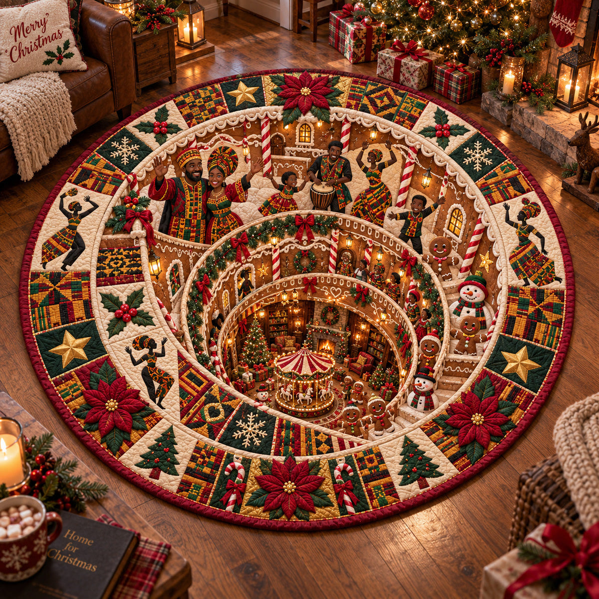 Kente Christmas Village Round Mat Rug - Seasonal Design | Festive Home Decor - washable non-slip printed rug