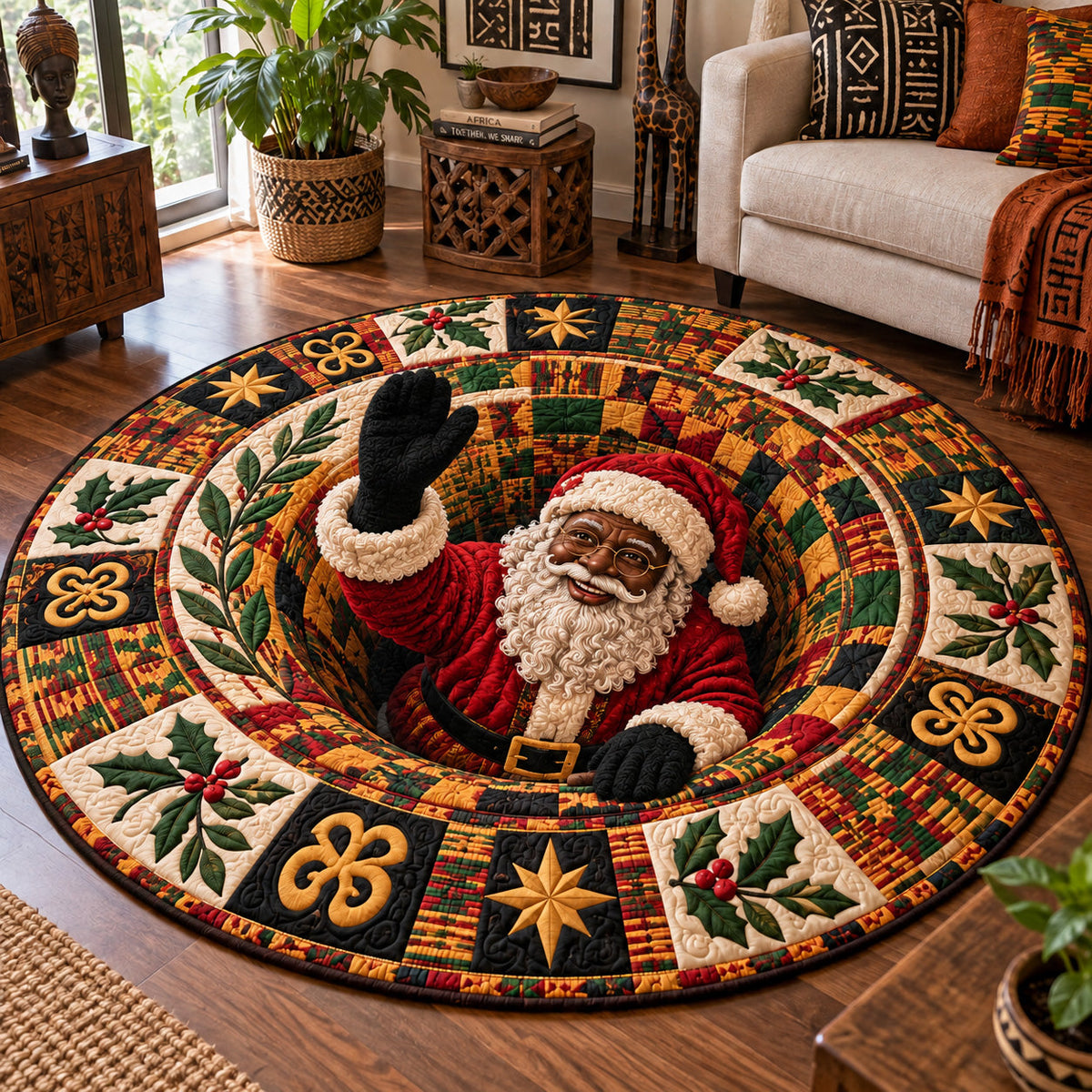 Kente Christmas Wonderland Round Mat Rug - Seasonal Design | Festive Home Decor - washable non-slip printed rug