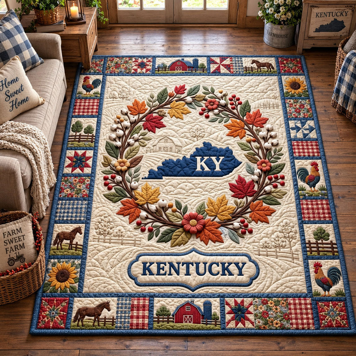 Kentucky Country Wreath area rug in a living room