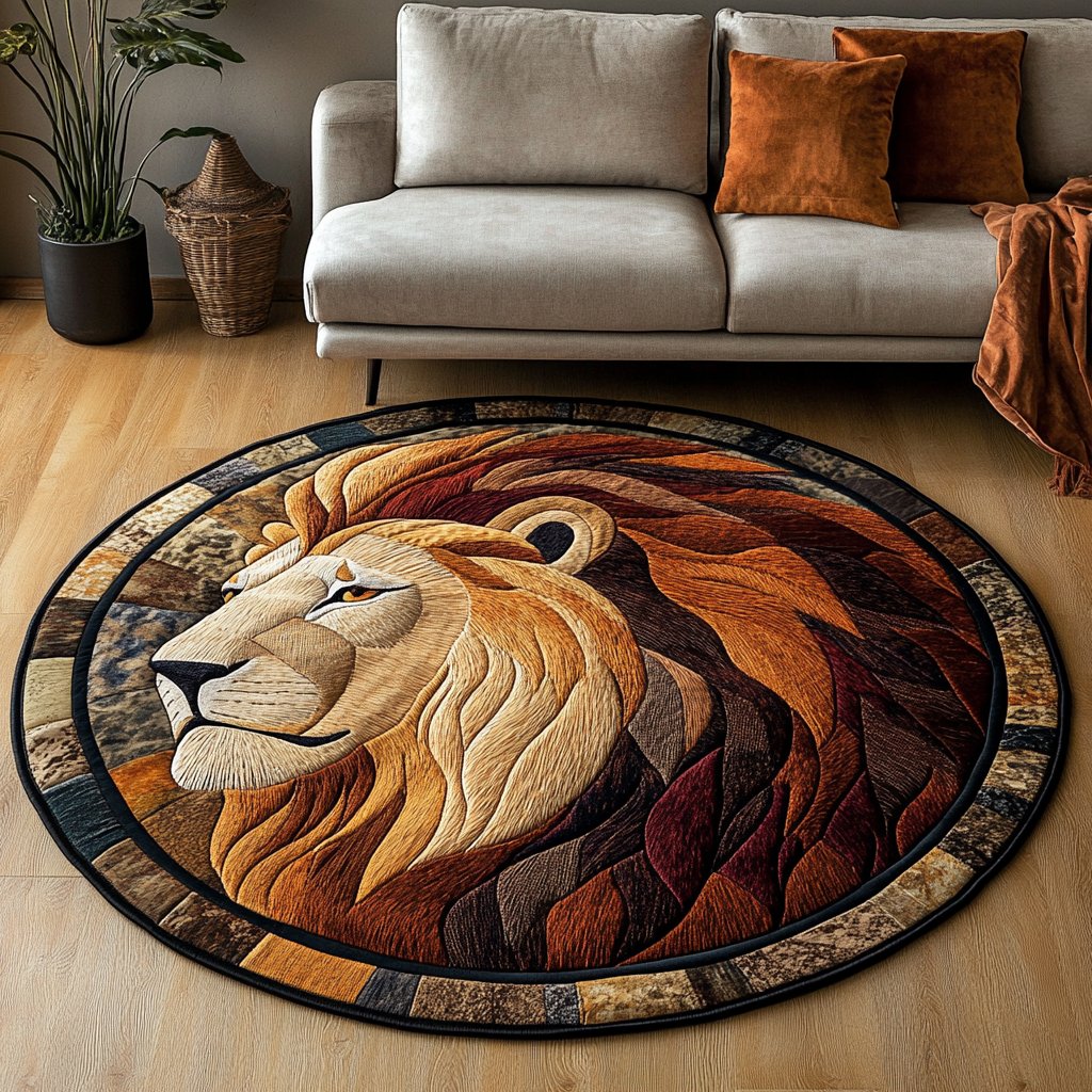 King Lion Round Mat Rug - washable non-slip printed rug