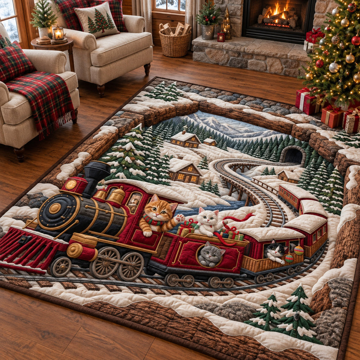 Kitten Christmas Train Adventure area rug in a living room