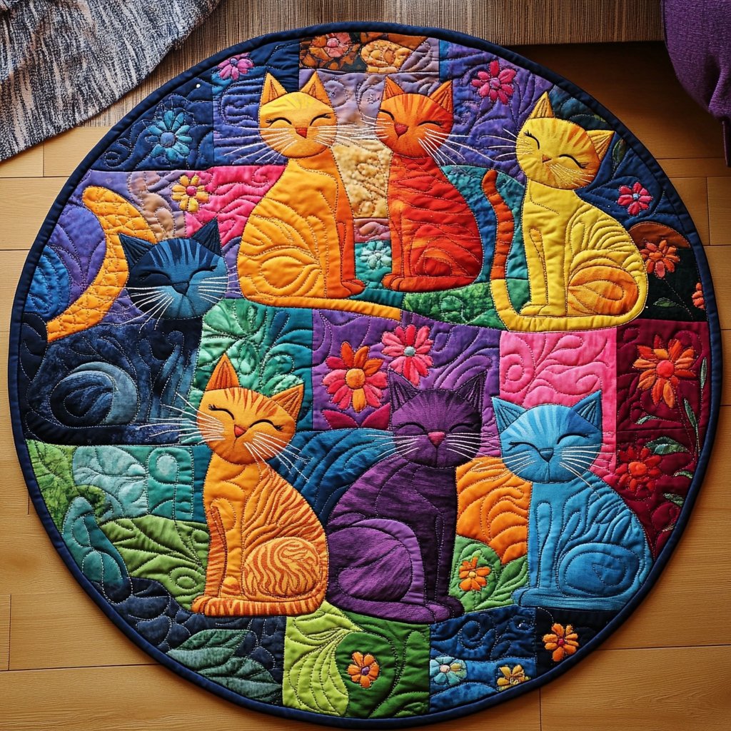 Kitty Kaleidoscope Round Mat Rug - washable non-slip printed rug