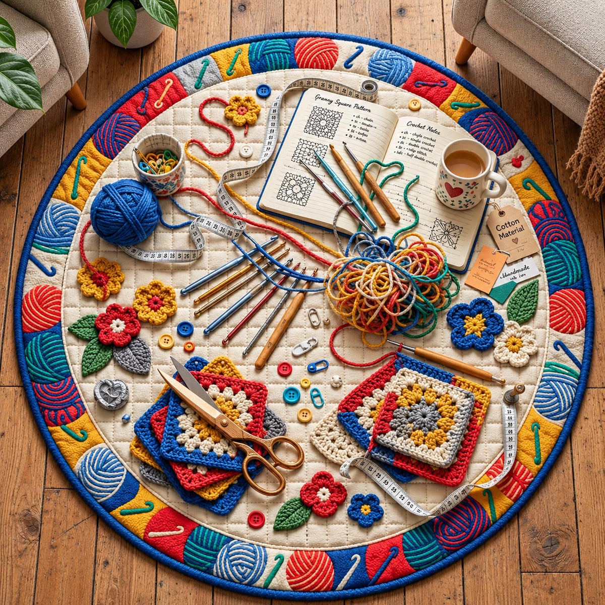 Knitting Craft Round Mat Rug - Nature Design | Serene Home Decor - washable non-slip printed rug