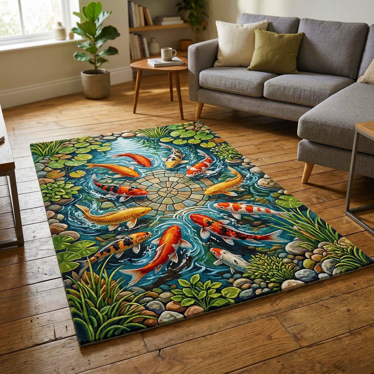 Koi Circle area rug in a living room