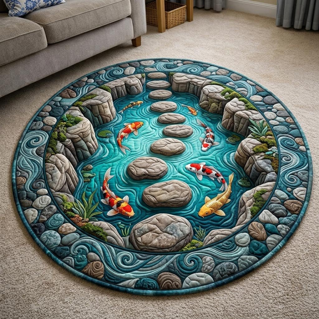 Koi Fish Pond (Design 7) Round Mat Rug - washable non-slip printed rug