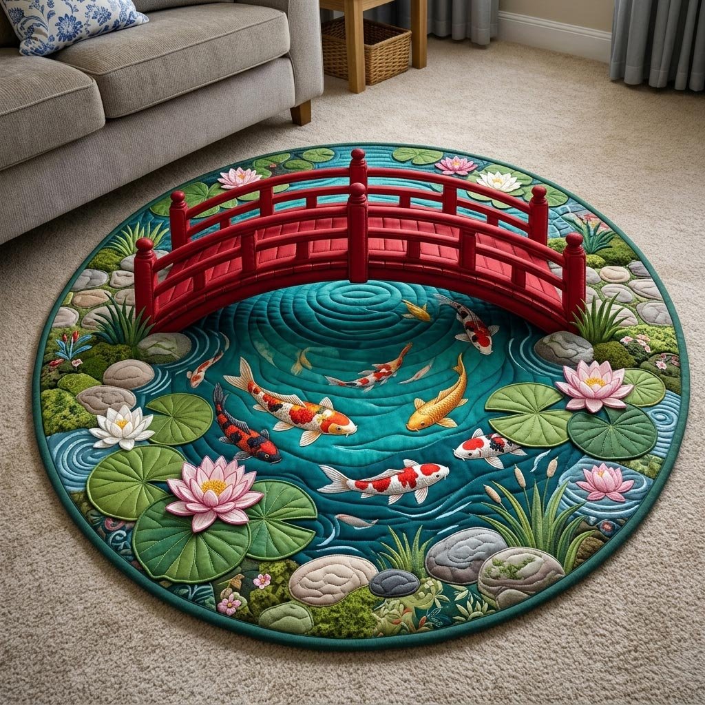 Koi Fish Pond Round Mat Rug - Nature Design | Serene Home Decor