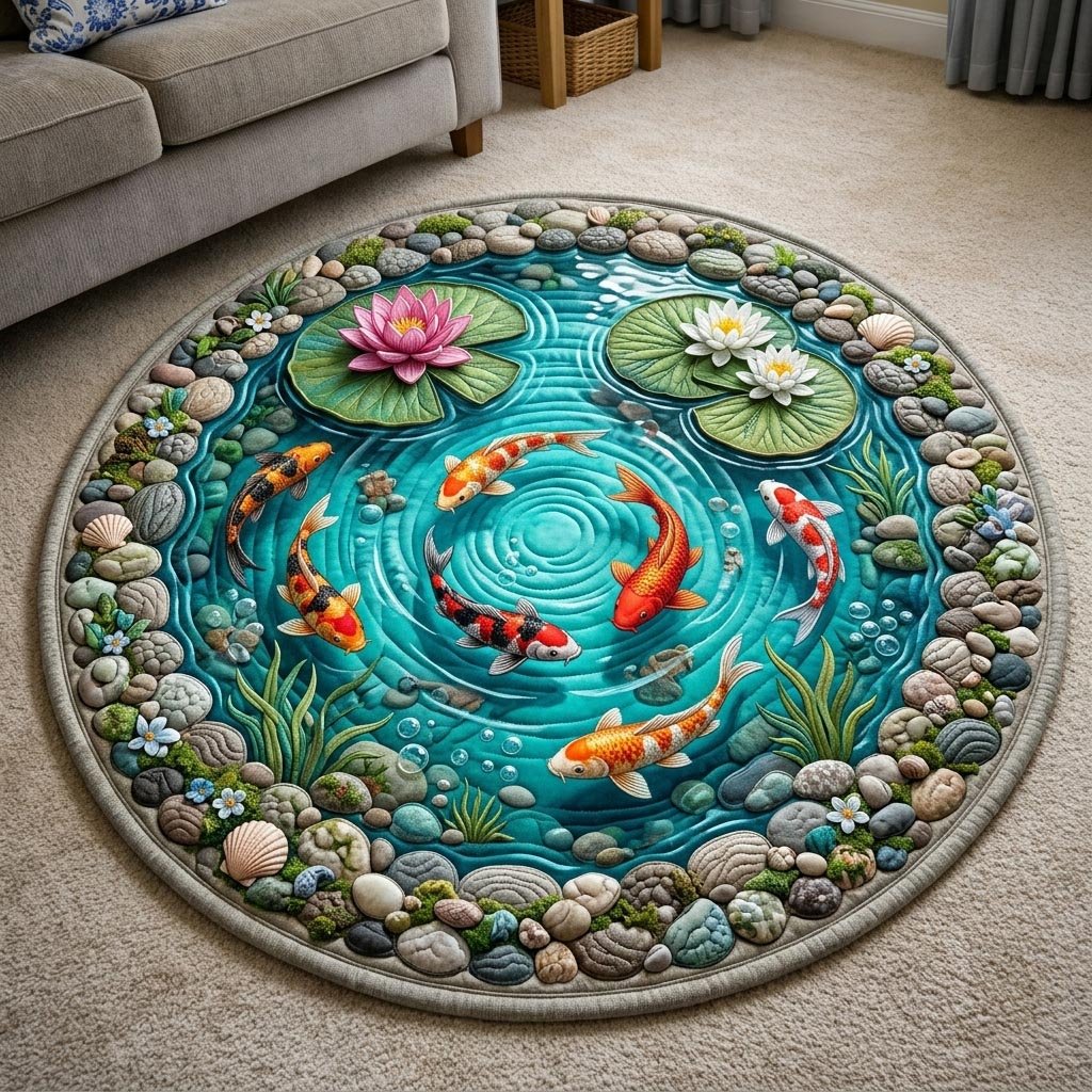 Koi Fish Pond Round Mat Rug - Nature Design | Serene Home Decor