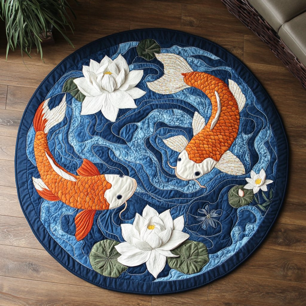 Koi Flow Round Mat Rug - washable non-slip printed rug