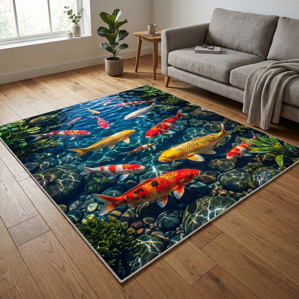 Koi Gathering area rug in a living room