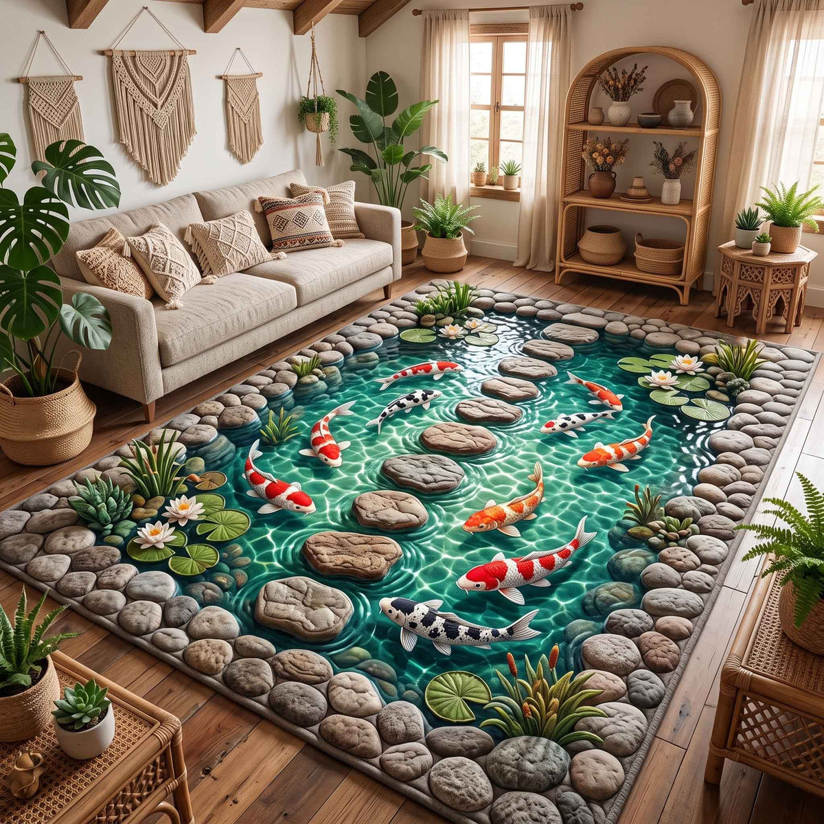 Koi Serenity area rug in a living room