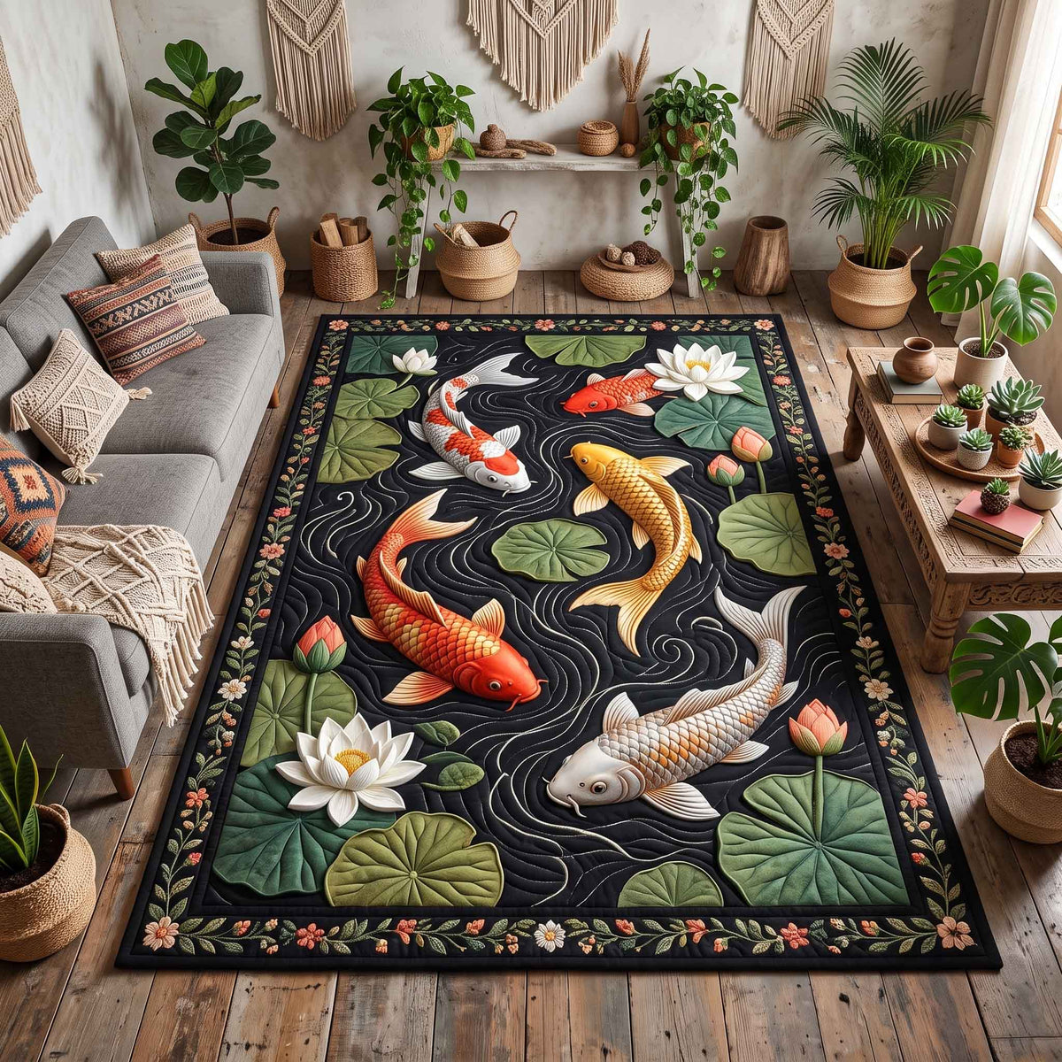 Koi Serenity area rug in a living room
