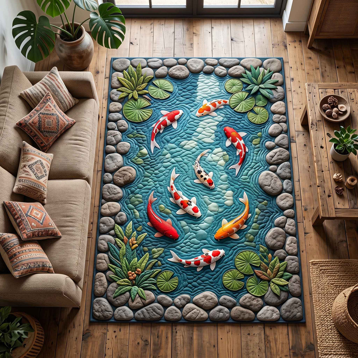 Koi Serenity area rug in a living room