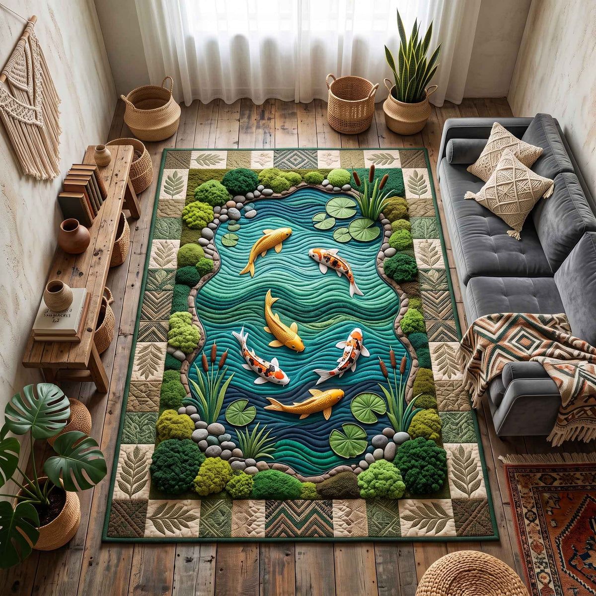 Koi Serenity area rug in a living room