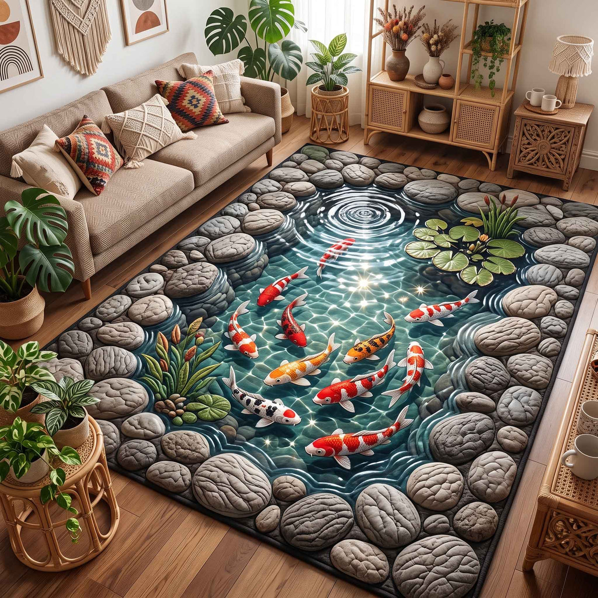 Koi Serenity area rug in a living room