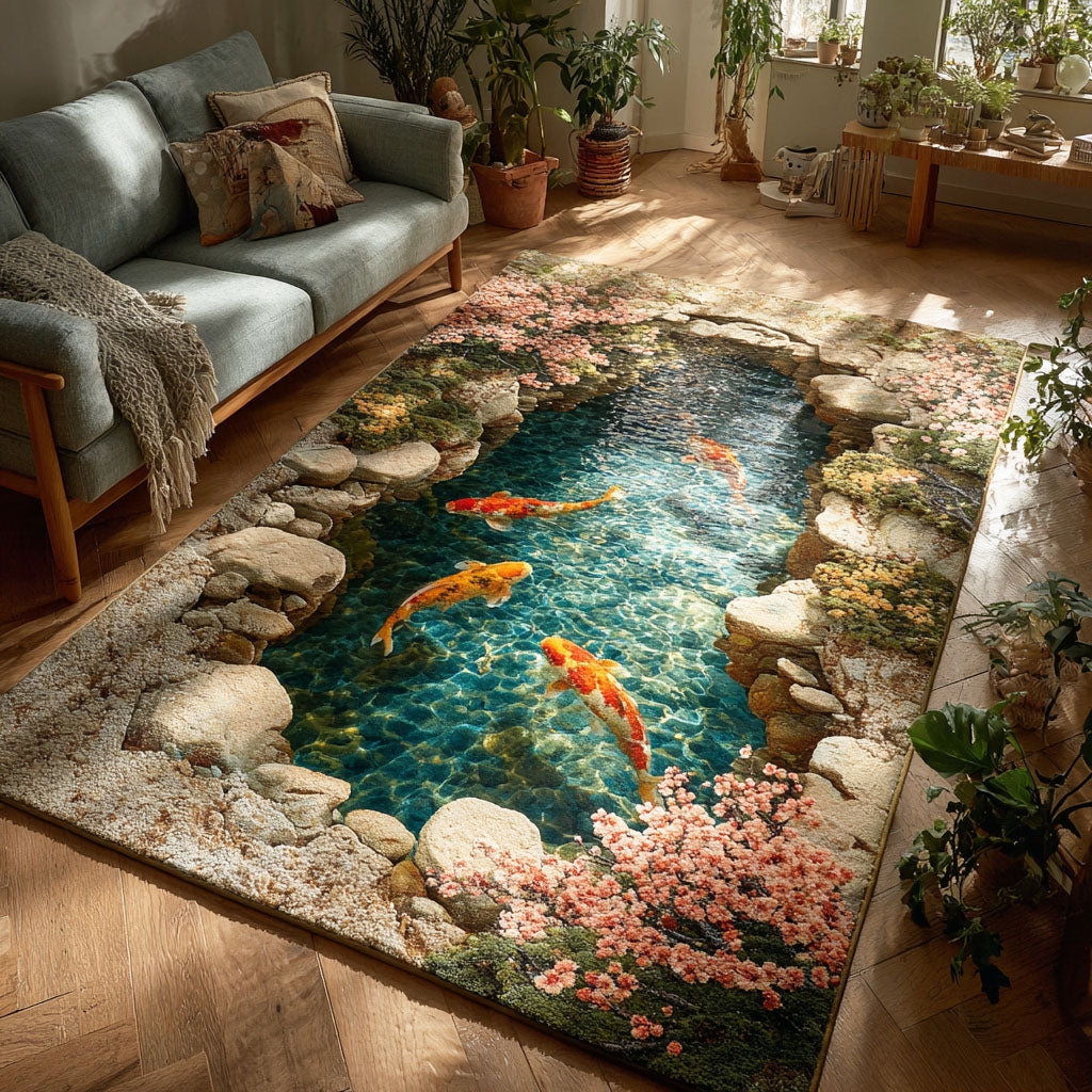 Koi Serenity area rug in a living room