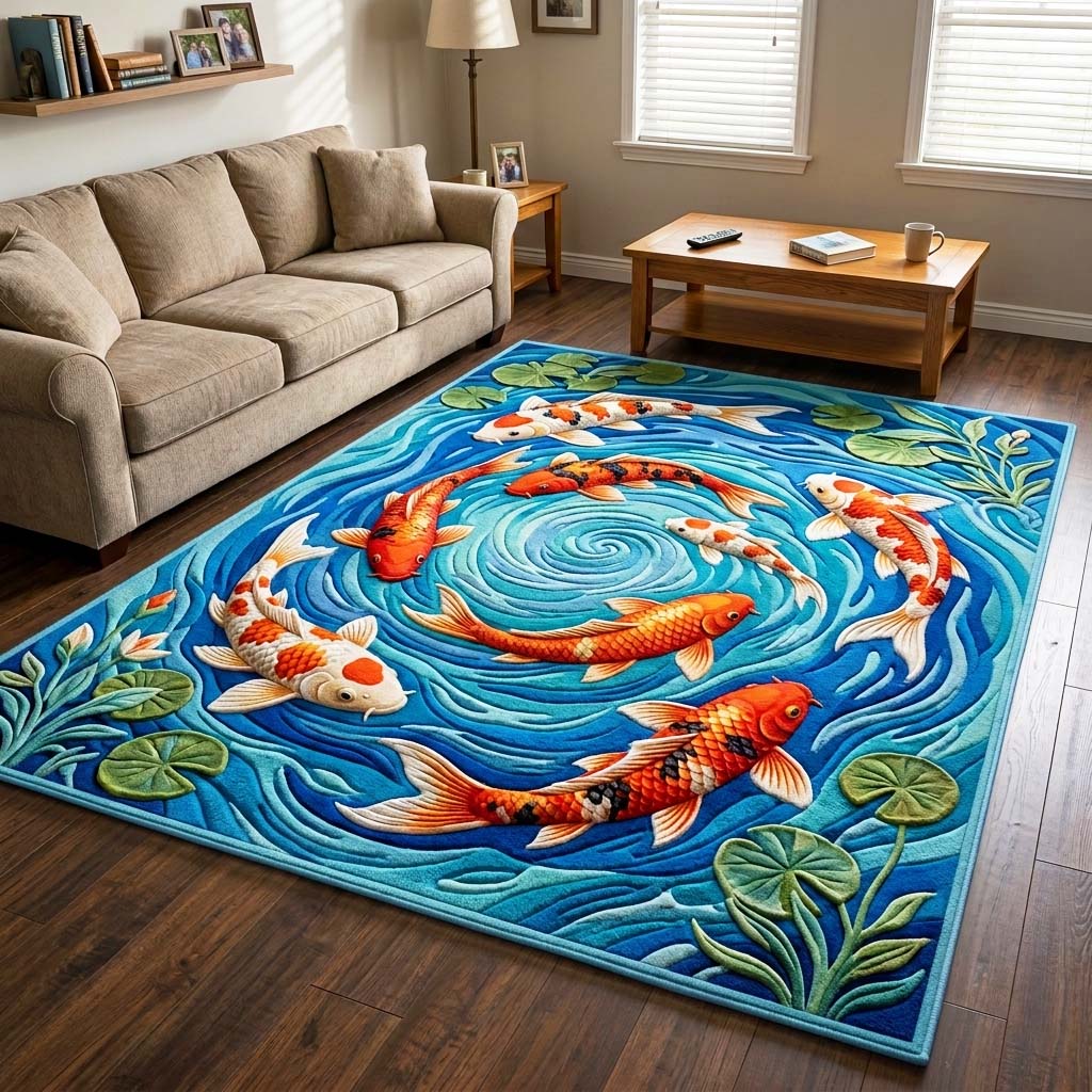 Koi Vortex area rug in a living room