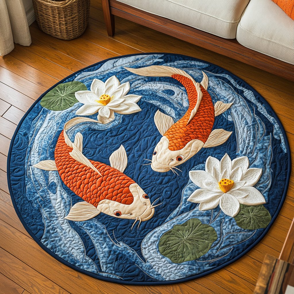 Koi Waters Round Mat Rug - washable non-slip printed rug