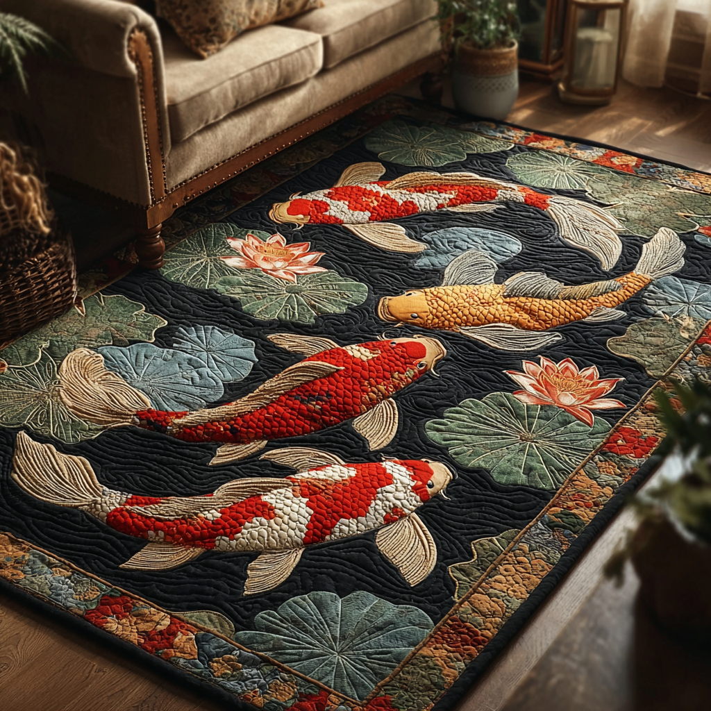 Koi Waves area rug in a living room