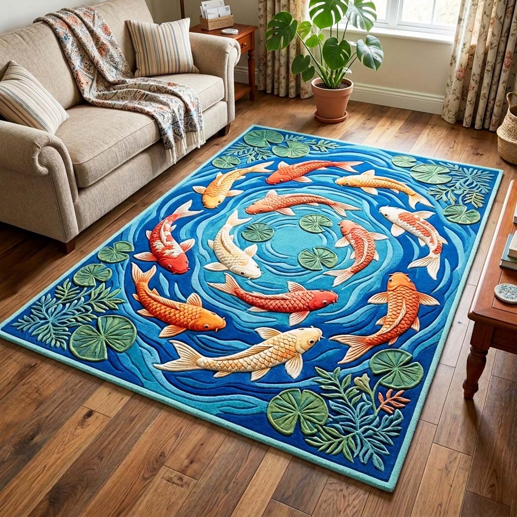 Koi Whirlpool area rug in a living room