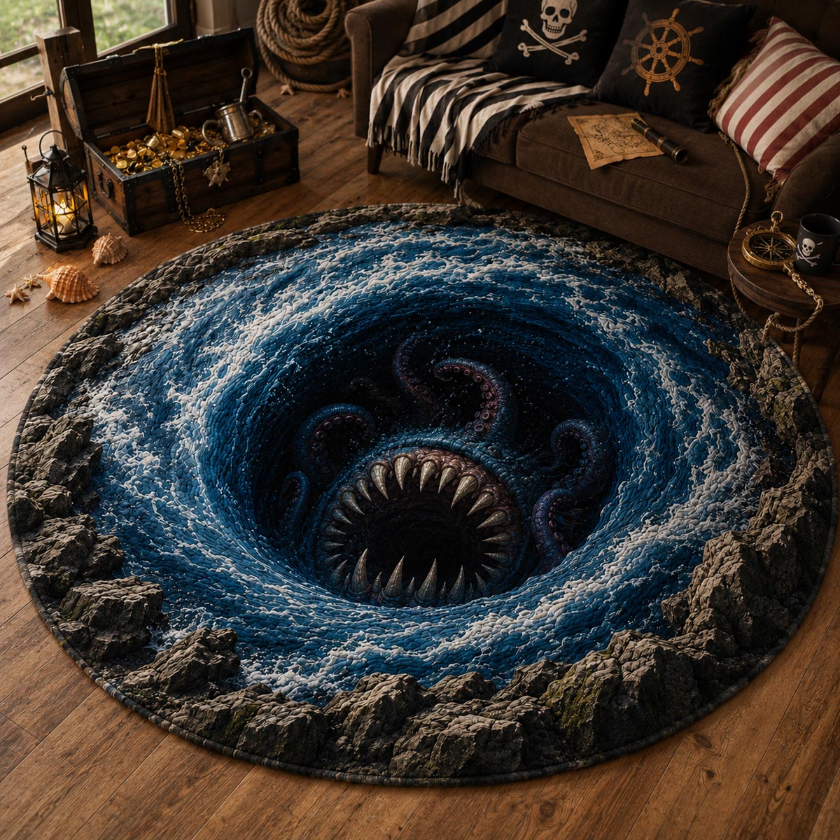 Kraken Abyss Round Mat Rug - Nature Design | Serene Home Decor (Design 1) - washable non-slip printed rug