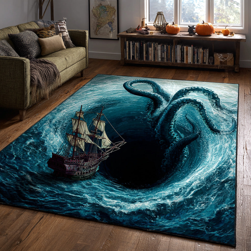 Kraken Grasp area rug in a living room