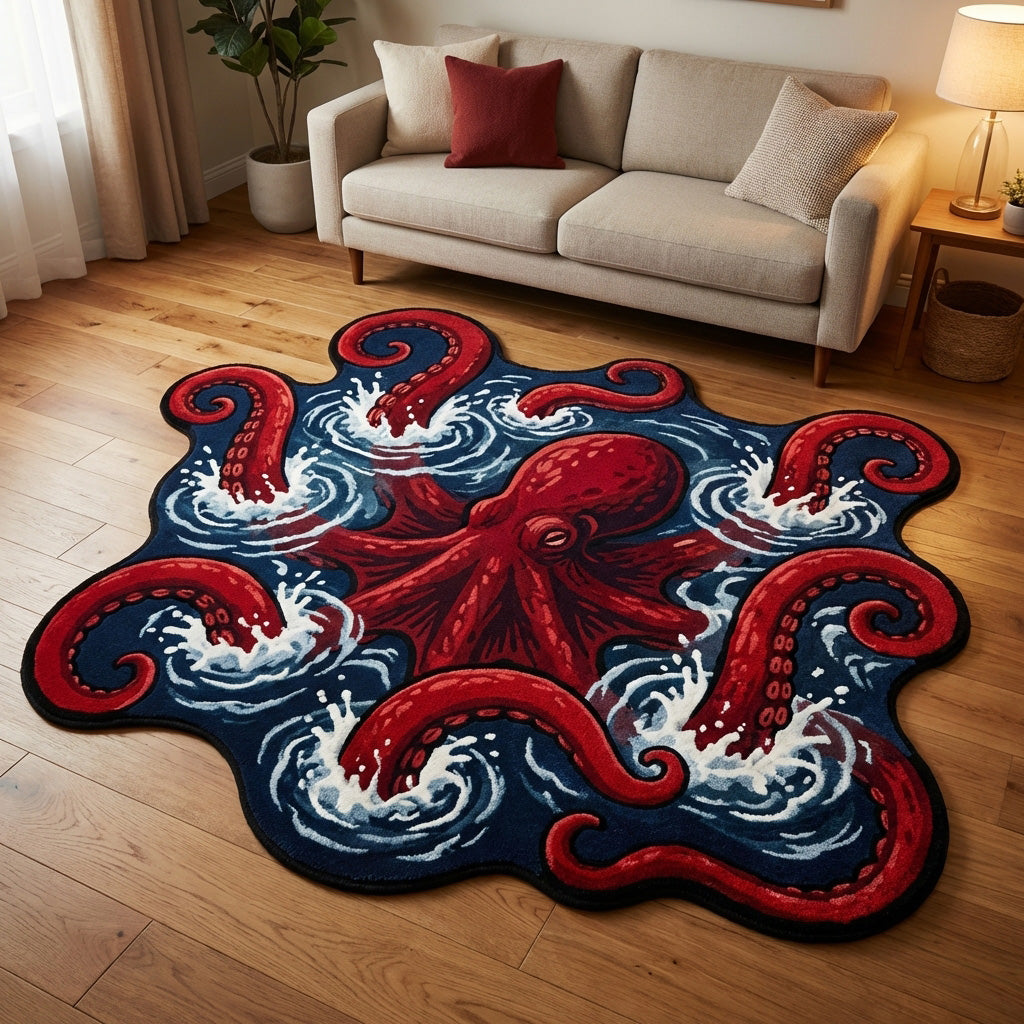 Kraken Waves Custom Shape Area Rug - Coastal Design | Die-Cut Non-Slip Rug - washable non-slip printed rug
