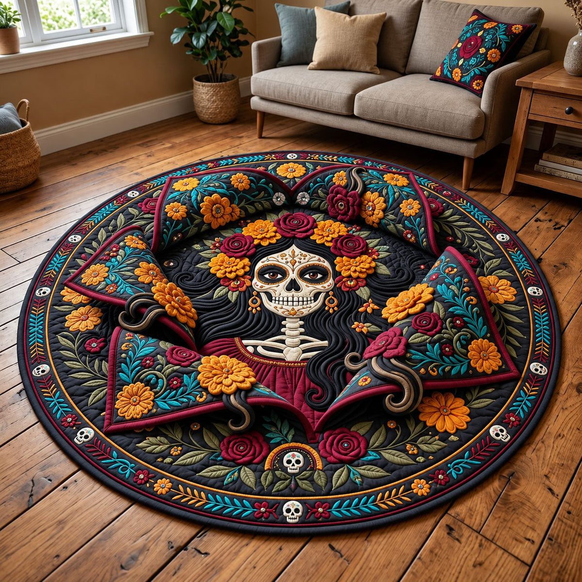 La Catrina Round Mat Rug - Cute Animal Design | Charming Home Decor - washable non-slip printed rug