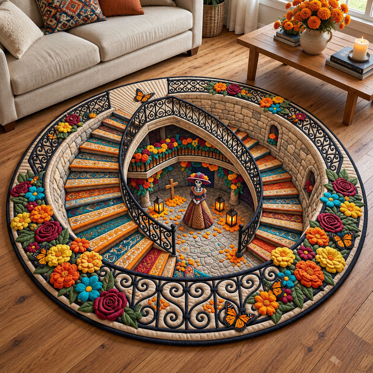 La Catrina Round Mat Rug - Cute Animal Design | Cute Animal Round Rug - washable non-slip printed rug