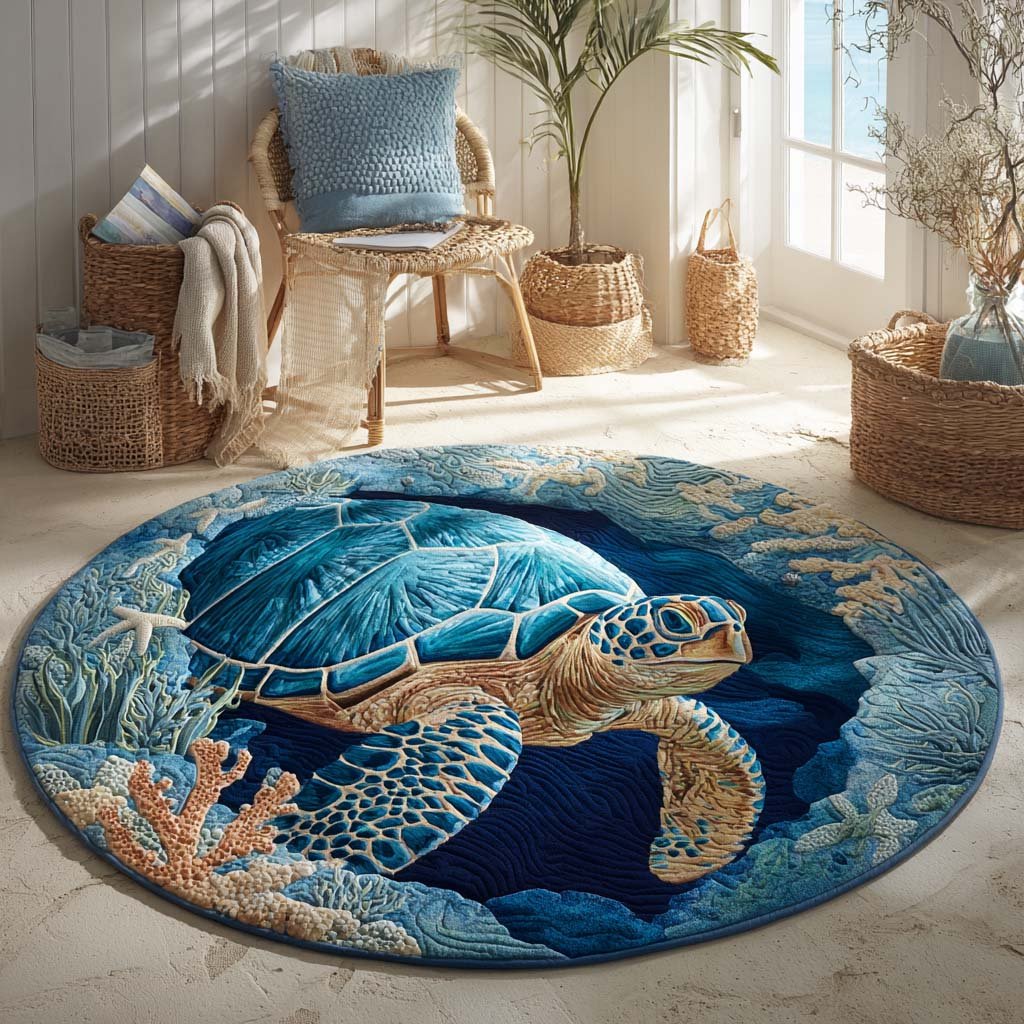 Lagoon Turtle Round Mat Rug - washable non-slip printed rug
