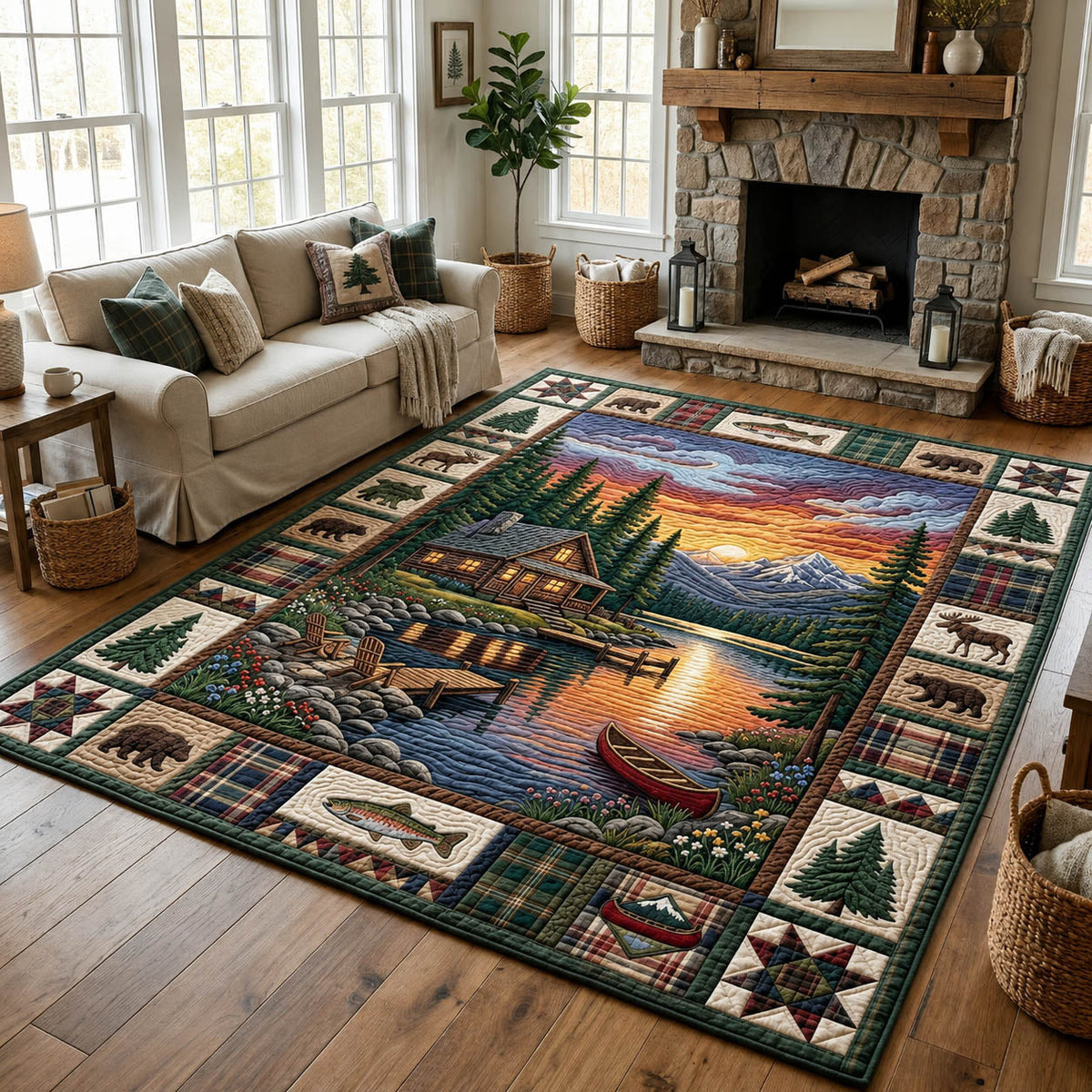 Lakeside Cabin Camping area rug in a living room