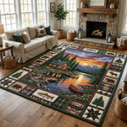 Lakeside Cabin Camping area rug in a living room