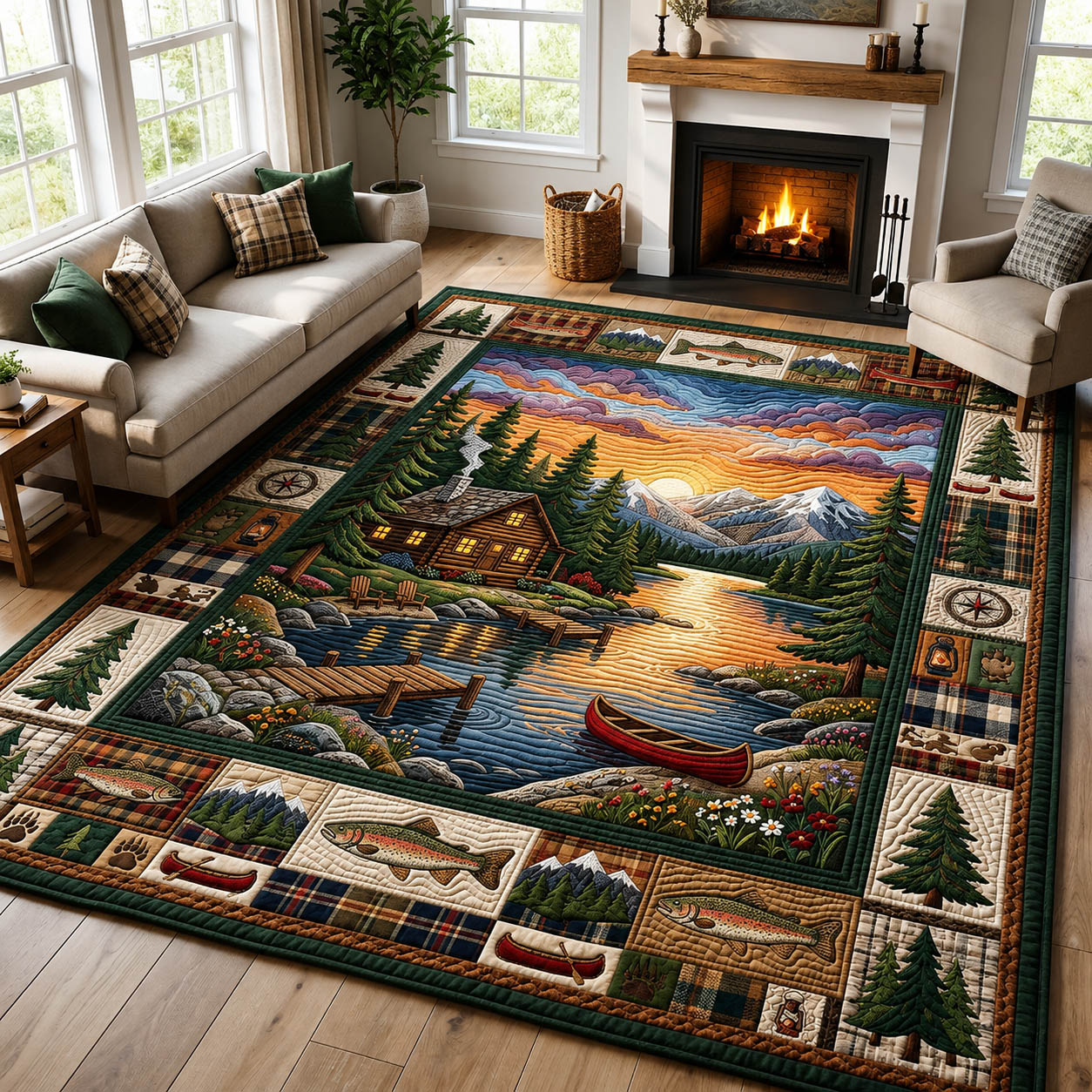 Lakeside Cabin Camping area rug in a living room