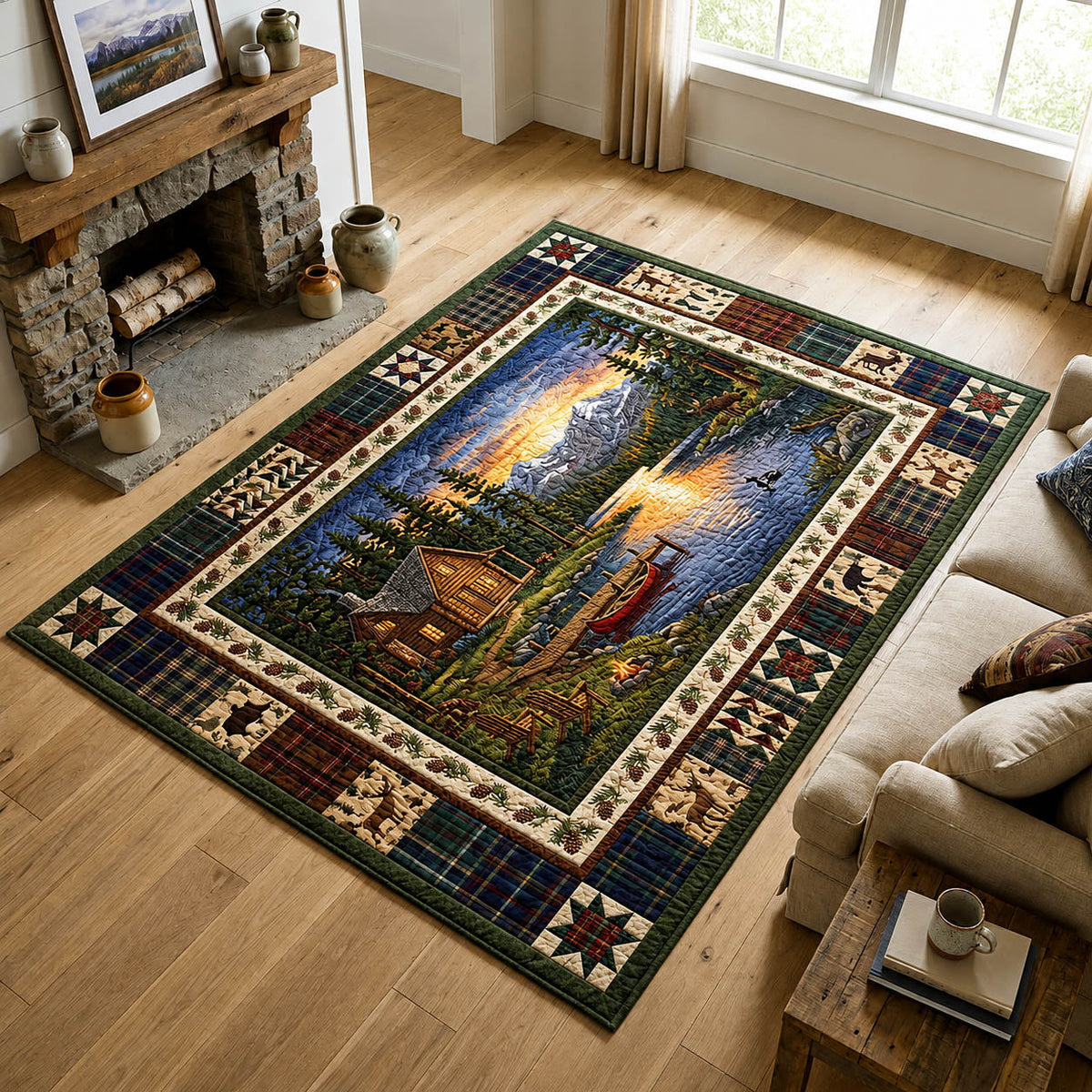 Lakeside Cabin Camping area rug in a living room