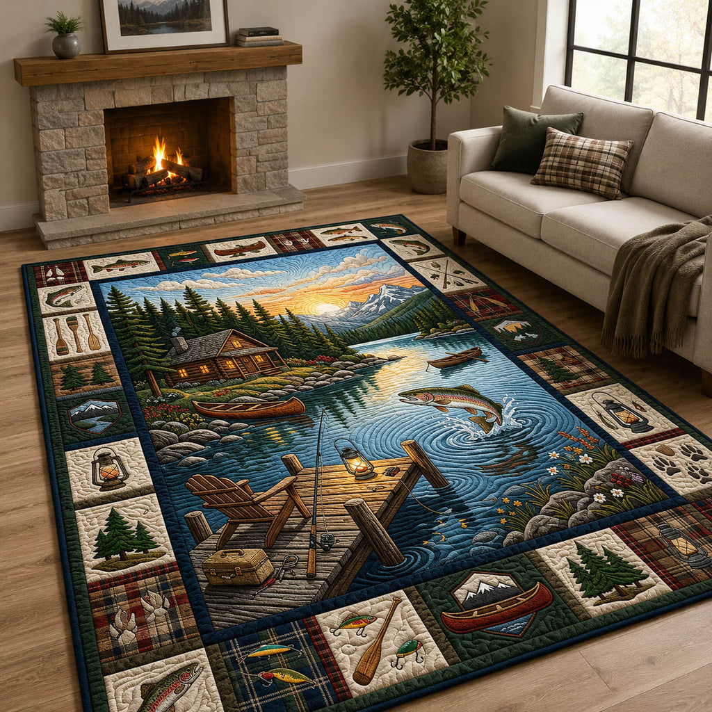 Lakeside Cabin Camping area rug in a living room