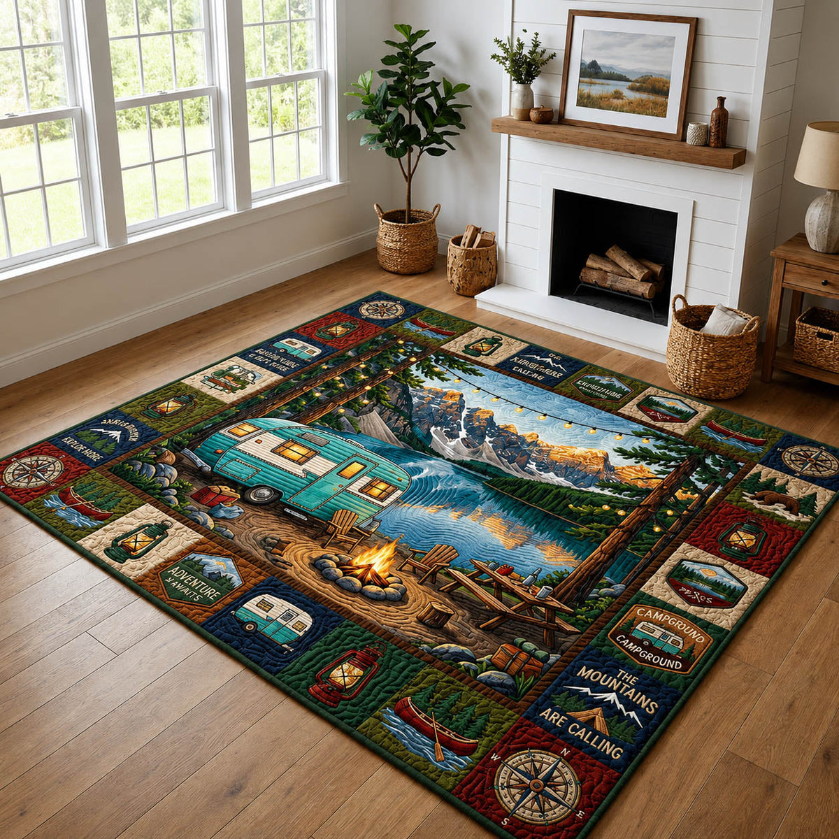 Lakeside Cabin Camping area rug in a living room