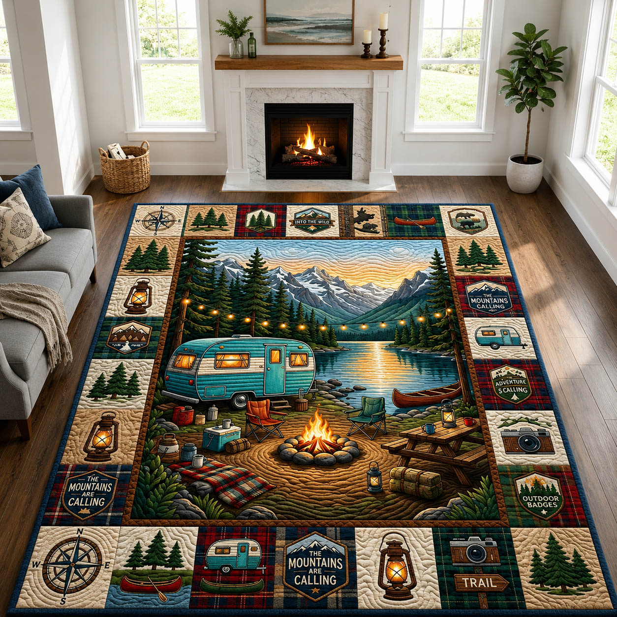 Lakeside Cabin Camping area rug in a living room