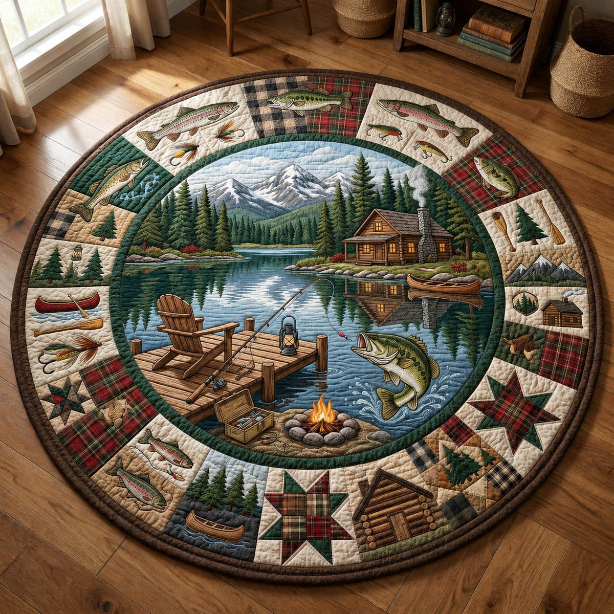 Lakeside Cabin Fishing Round Mat Rug - washable non-slip printed rug