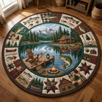 Lakeside Cabin Fishing Round Mat Rug - washable non-slip printed rug