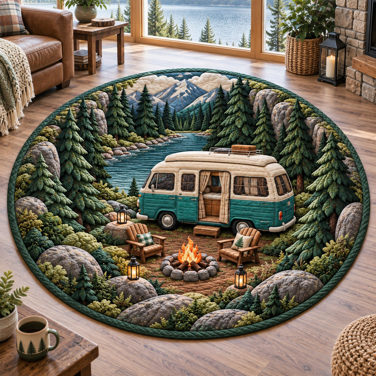 Lakeside Roamer Round Mat Rug - Nature Design | Serene Home Decor - washable non-slip printed rug
