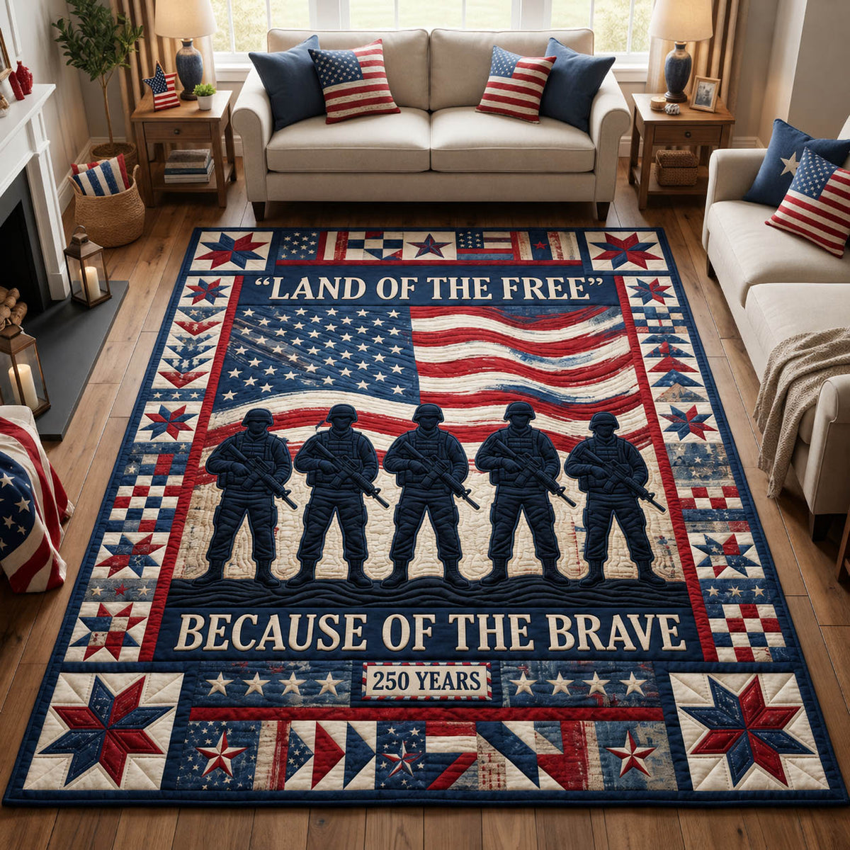 Land Of The Free area rug in a living room